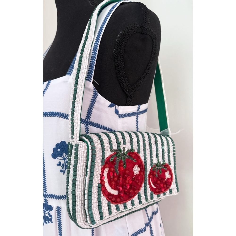 NWT Bead Appliqué Heirloom Tomato Girl Summer Green & White Striped Shoulder Bag - Picture 2 of 13